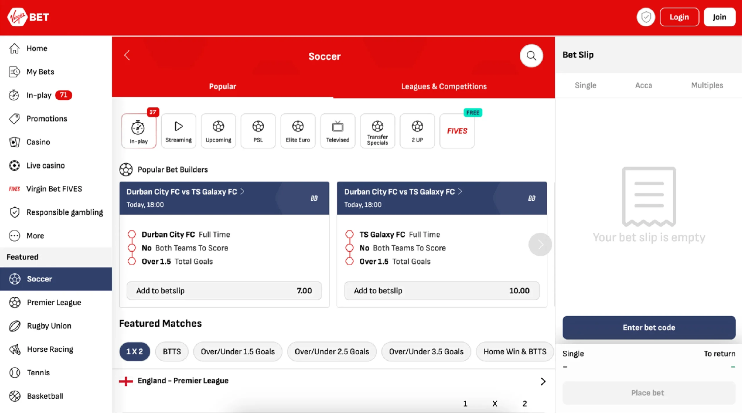 Virgin Bet Sports Page